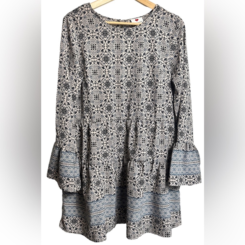 One Clothing Boho Shift Tint Tunic Mini Dress Bell Sleeves Size Large